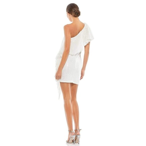 Mac Duggal Ruffle One Shoulder Sequin Mini Cocktail Dress White Womens 4 - Picture 3 of 11